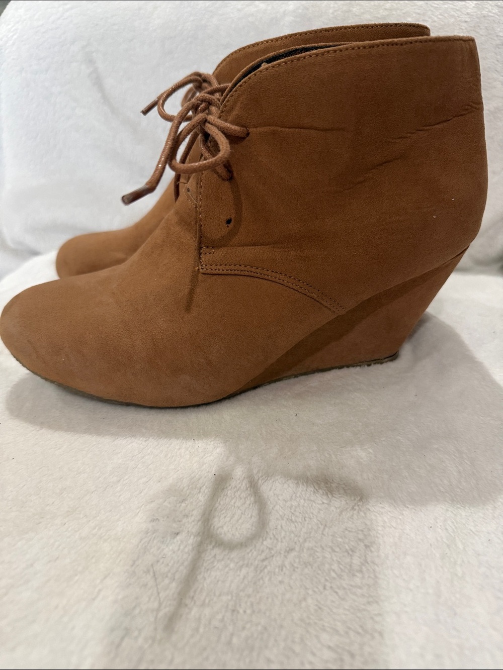 Women's Suede Lace-Up Wedge Booties in Cognac Brown
